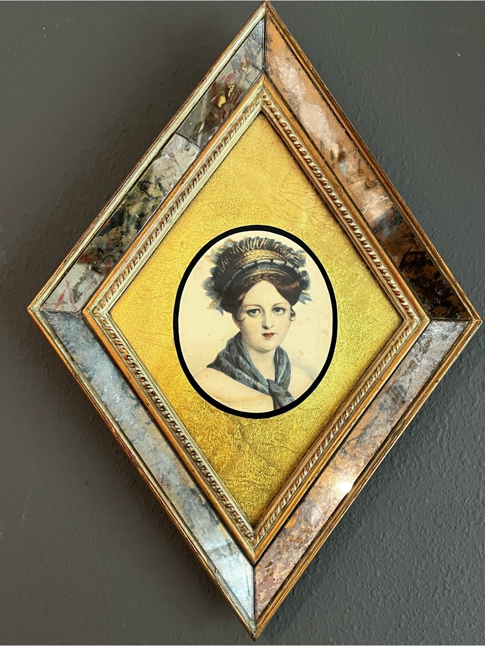 Vintage Gold-Tone Portrait of Woman in Ornate Glass Diamond Frame circa 1830’s
